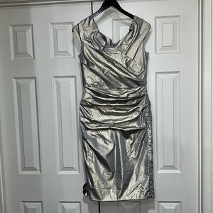 TERI JON BY RICKIE FREEMAN OFF SHOULDERS RUCHED GOLD COCKTAIL DRESS SIZE 12
